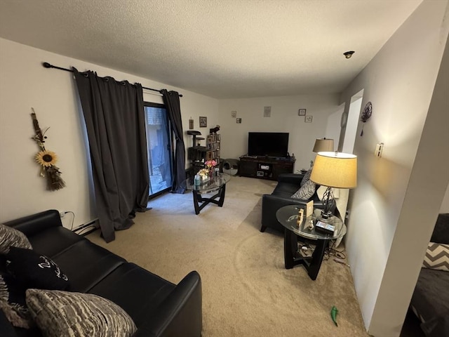 carpeted living room featuring a baseboard radiator and a textured ceiling