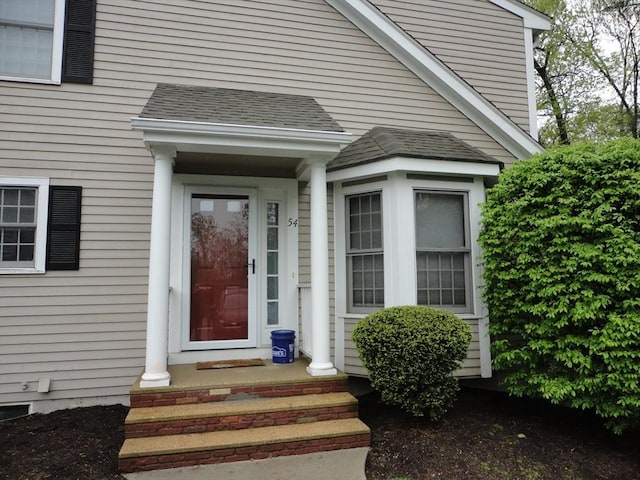 doorway to property with roof with shingles