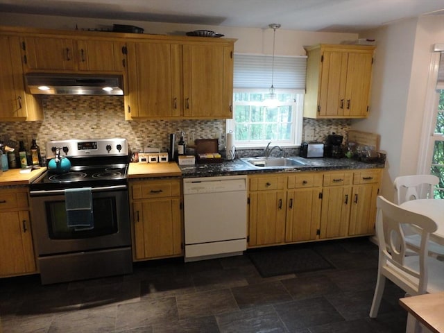 kitchen featuring white dishwasher, under cabinet range hood, electric range, a sink, and decorative backsplash