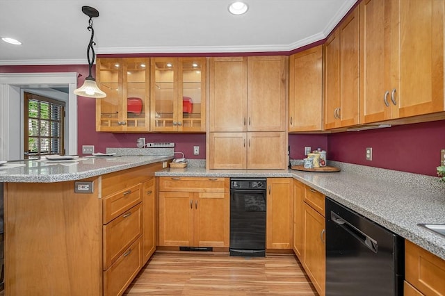 35 Warren Ave, Reading, MA 01867 - kitchen with dishwashing machine, a peninsula, ornamental molding, light wood finished floors, and glass insert cabinets