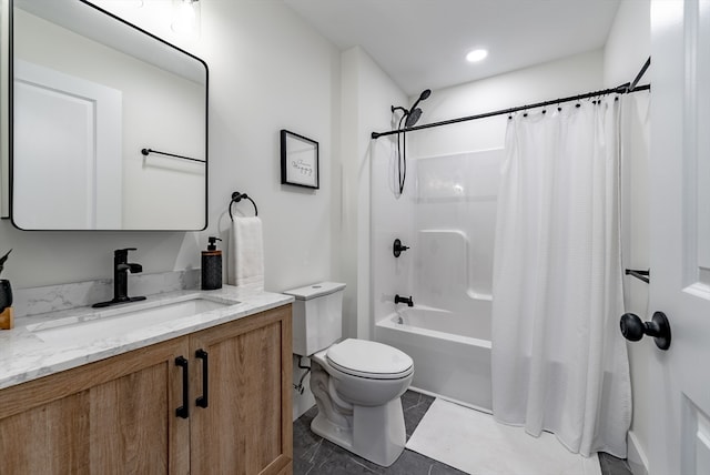 full bathroom featuring shower / bath combination with curtain, vanity, toilet, and tile patterned floors