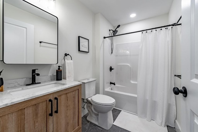 bathroom with vanity, recessed lighting, shower / bath combo, and toilet
