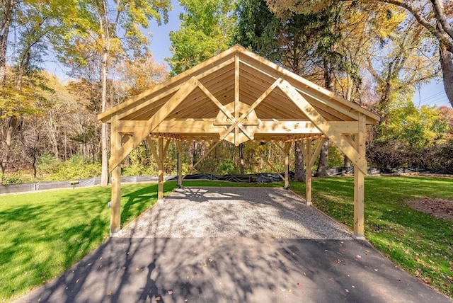 surrounding community with a lawn and a carport