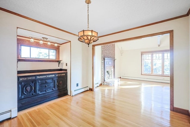 interior space featuring wood-type flooring, a fireplace, and a baseboard radiator