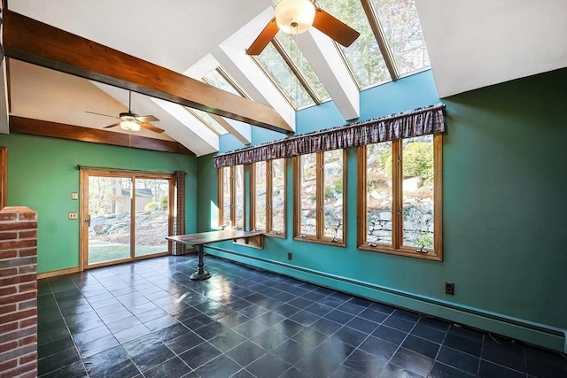 playroom featuring vaulted ceiling with skylight, ceiling fan, and baseboard heating