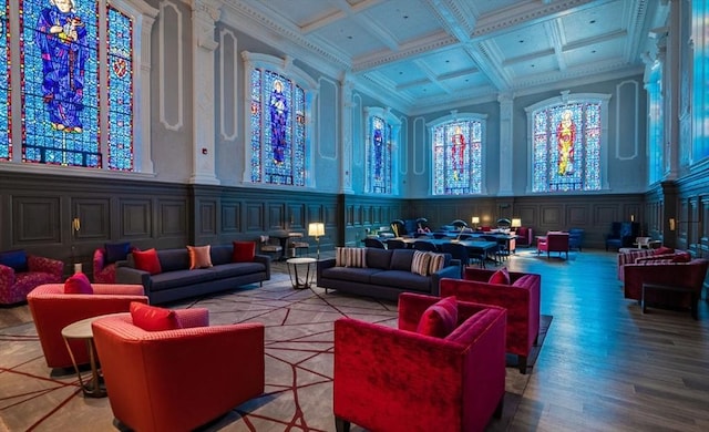 191 Washington St Unit 309, Boston, MA 02135 - building lobby featuring a decorative wall, coffered ceiling, beam ceiling, and crown molding