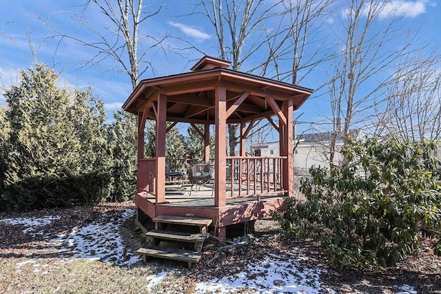 view of snow covered deck