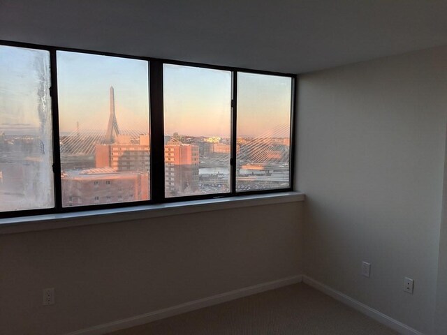 unfurnished room featuring baseboards, a city view, and carpet floors