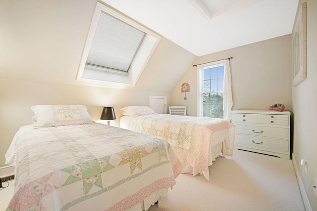 carpeted bedroom featuring vaulted ceiling