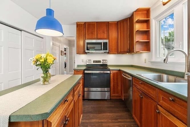 6 Francis Ave, Wakefield, MA 01880 - kitchen with stainless steel appliances, a sink, open shelves, dark wood-style floors, and brown cabinetry