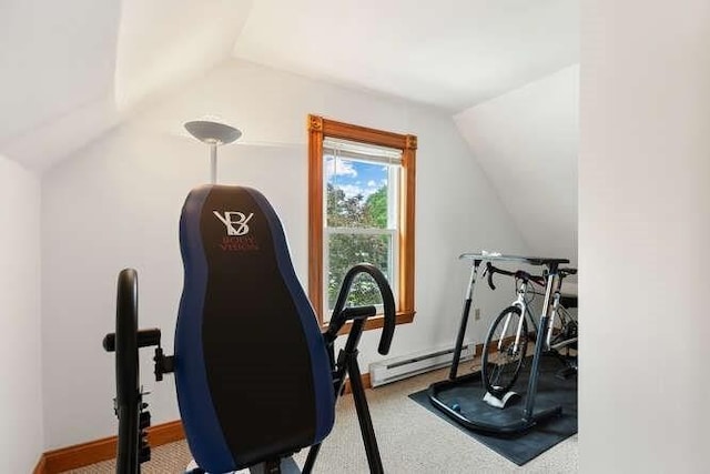 6 Francis Ave, Wakefield, MA 01880 - exercise room with vaulted ceiling, a baseboard radiator, and carpet floors
