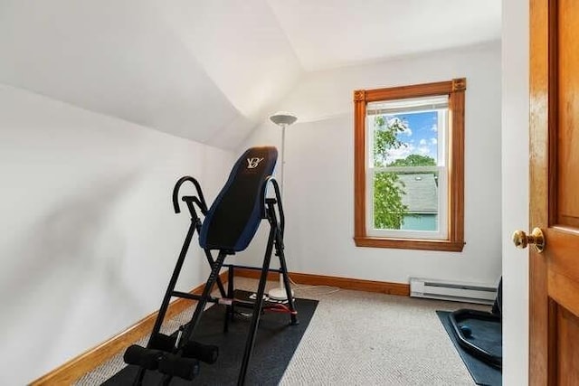6 Francis Ave, Wakefield, MA 01880 - workout room featuring a baseboard heating unit, vaulted ceiling, carpet, and baseboards