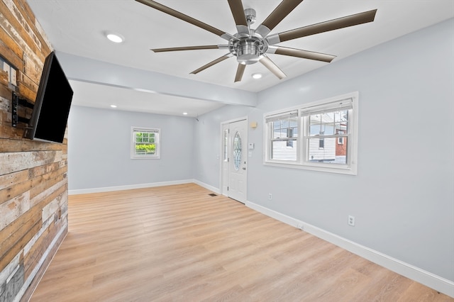 11 Shale St, Worcester, MA 01604 - unfurnished living room with baseboards, light wood-style floors, recessed lighting, and a ceiling fan