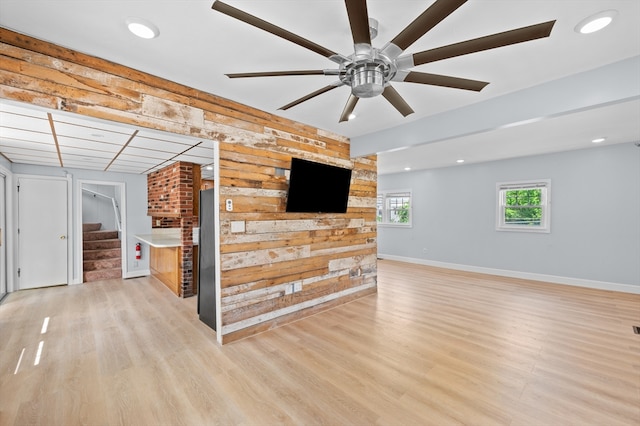 11 Shale St, Worcester, MA 01604 - unfurnished living room with stairway, light wood-style floors, a ceiling fan, baseboards, and recessed lighting