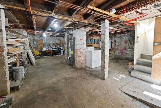 basement with washer / clothes dryer, water heater, and electric panel