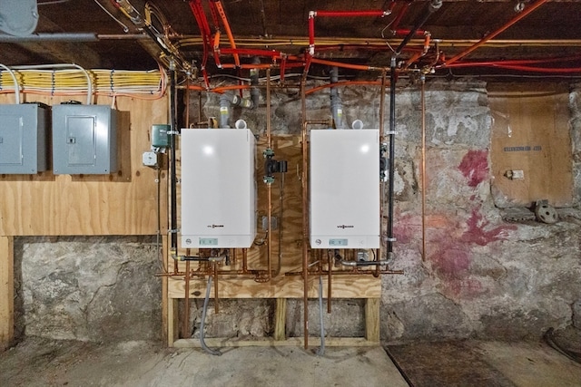 utility room with electric panel and water heater