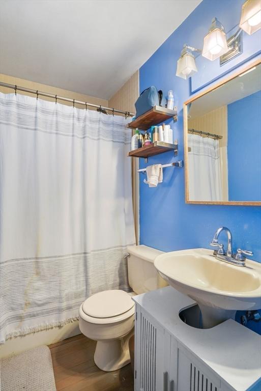 762 Tremont St Unit 5, Boston, MA 02118 - bathroom featuring toilet, wood finished floors, vanity, and a shower with curtain