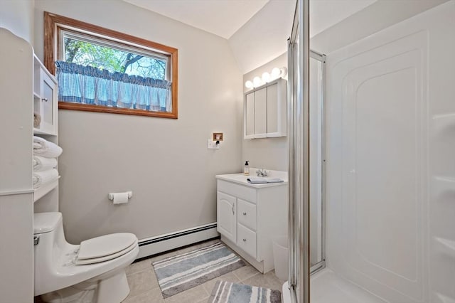 bathroom with baseboard heating, toilet, a shower stall, tile patterned flooring, and vanity