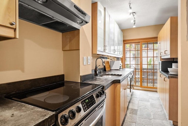 15 Concord Sq Unit 1A, Boston, MA 02118 - kitchen featuring stainless steel range with electric stovetop, extractor fan, a sink, stone tile flooring, and dark countertops