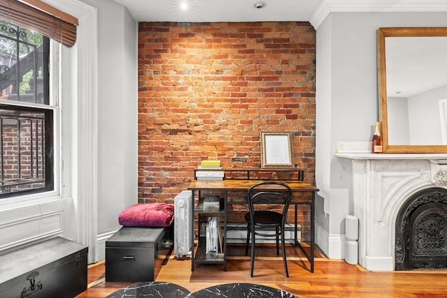 15 Concord Sq Unit 1A, Boston, MA 02118 - office space featuring wood finished floors, brick wall, and a baseboard radiator
