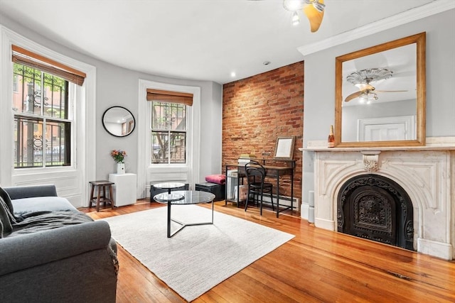 15 Concord Sq Unit 1A, Boston, MA 02118 - living area featuring a fireplace, healthy amount of natural light, ceiling fan, and wood finished floors