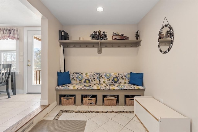 mudroom featuring baseboards, recessed lighting, and tile patterned floors