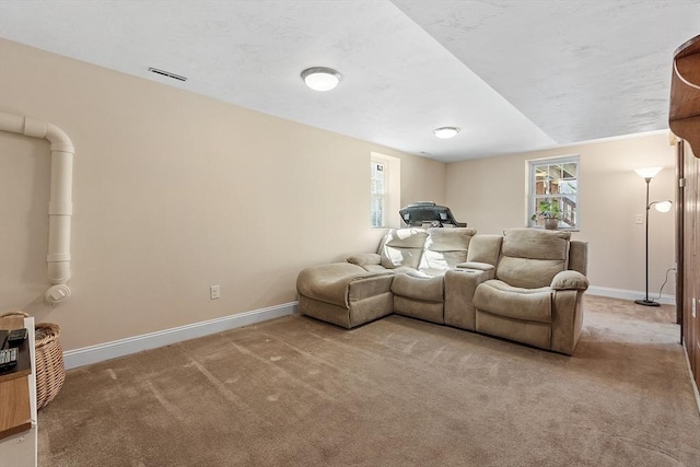 living area with carpet floors, a wealth of natural light, and baseboards