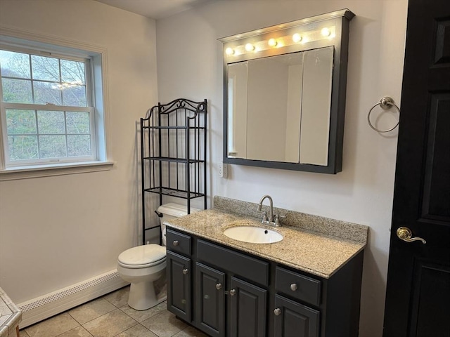 16 E Rd, Adams, MA 01220 - bathroom with a baseboard radiator, vanity, baseboards, toilet, and tile patterned flooring