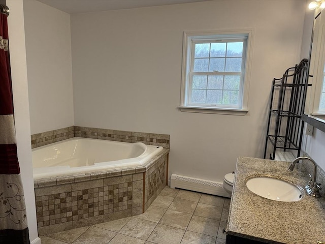 16 E Rd, Adams, MA 01220 - full bathroom featuring a bath, toilet, tile patterned flooring, vanity, and a baseboard radiator