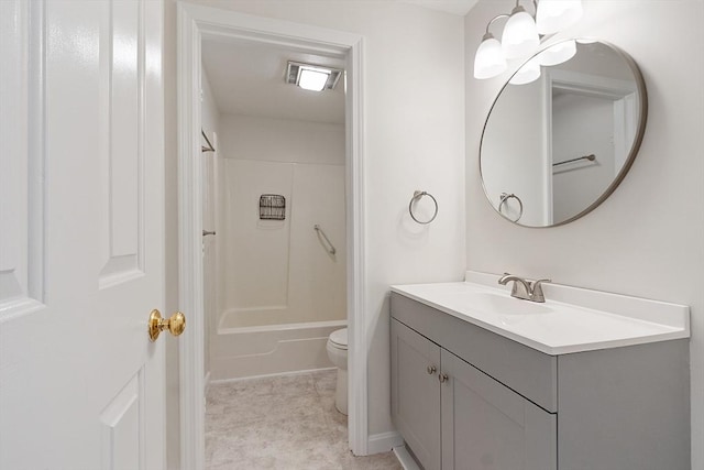 full bathroom featuring vanity, bathing tub / shower combination, and toilet