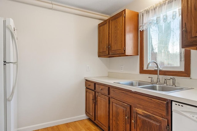 kitchen featuring light hardwood / wood-style flooring, sink, white appliances, and plenty of natural light