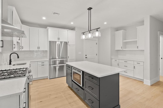 kitchen featuring appliances with stainless steel finishes, gray cabinets, a center island, and white cabinets