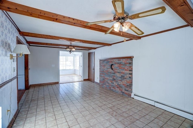 empty room with baseboards, a baseboard radiator, beamed ceiling, ceiling fan with notable chandelier, and light tile patterned flooring