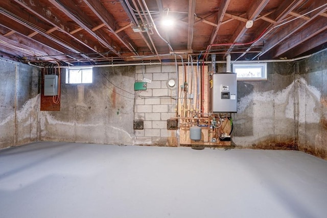 below grade area with electric panel and water heater