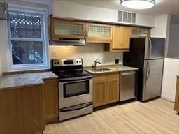 520 Shawmut Ave Unit 1, Boston, MA 02118 - kitchen with stainless steel appliances, under cabinet range hood, a sink, light wood-style floors, and glass insert cabinets