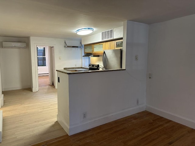 520 Shawmut Ave Unit 1, Boston, MA 02118 - kitchen with stainless steel appliances, a wall mounted air conditioner, light wood finished floors, and baseboards