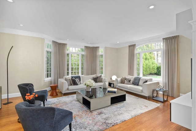 living room featuring ornamental molding, light hardwood / wood-style floors, and plenty of natural light