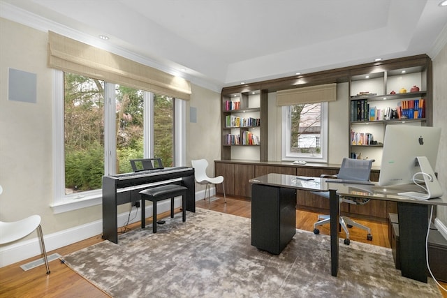 office space featuring crown molding, hardwood / wood-style flooring, a healthy amount of sunlight, and a raised ceiling