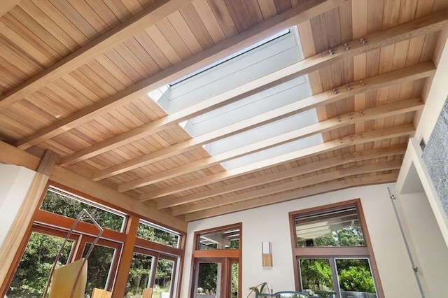 interior details featuring beam ceiling and a skylight