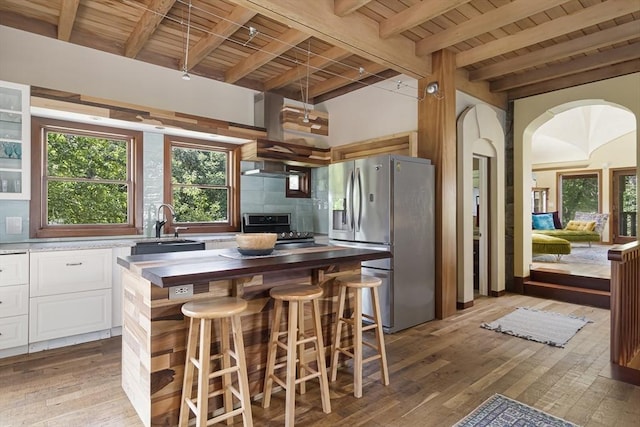 kitchen with white cabinetry, appliances with stainless steel finishes, wood ceiling, and wood counters