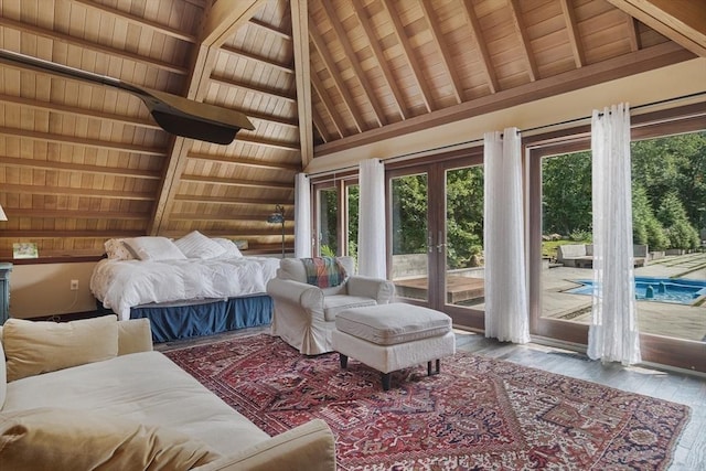 bedroom featuring beamed ceiling, hardwood / wood-style floors, wooden ceiling, high vaulted ceiling, and access to exterior