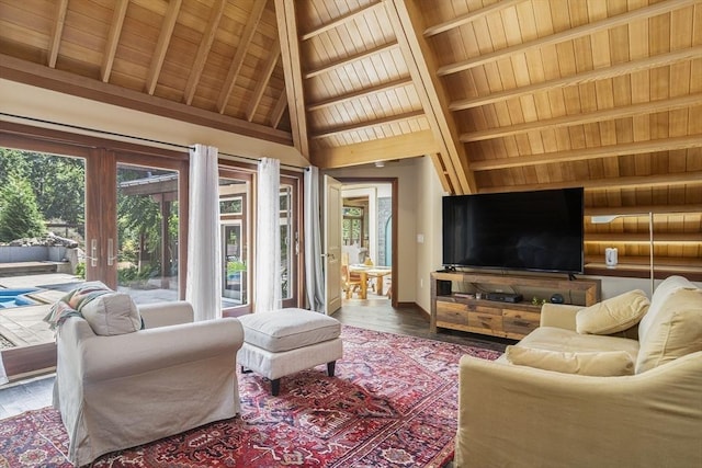 living room featuring wood ceiling, dark hardwood / wood-style flooring, french doors, high vaulted ceiling, and beam ceiling