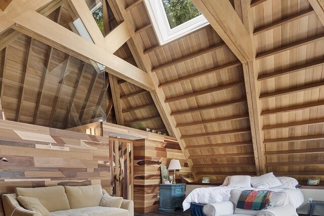 interior space with wood walls, beam ceiling, high vaulted ceiling, and wood ceiling