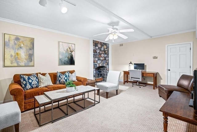 642 Centre St, Newton, MA 02458 - living area featuring ceiling fan, a desk, ornamental molding, light carpet, and baseboards
