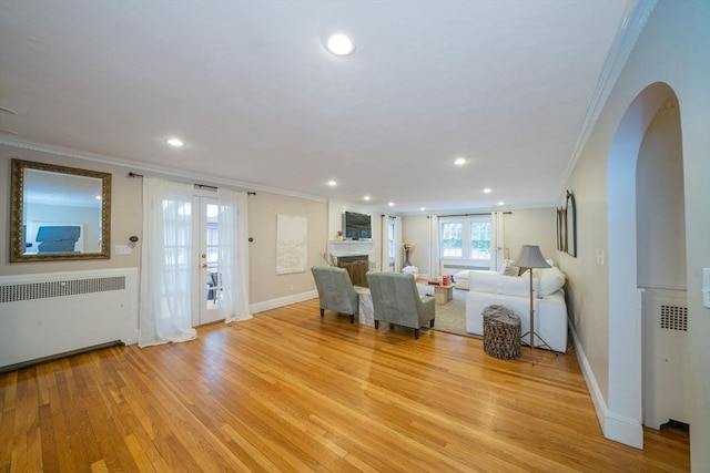 642 Centre St, Newton, MA 02458 - living area with radiator, crown molding, light wood-type flooring, a large fireplace, and baseboards