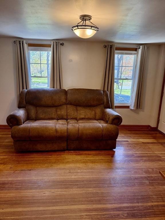 living area featuring baseboards and wood finished floors