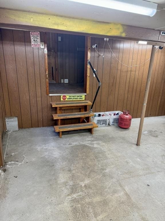 basement with wood walls