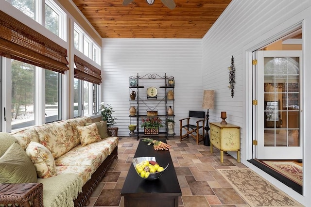 sunroom / solarium featuring wooden ceiling