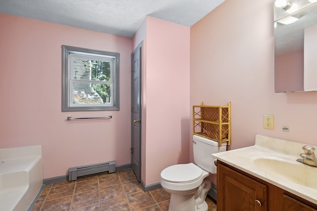 bathroom featuring a tub to relax in, vanity, a textured ceiling, toilet, and a baseboard heating unit