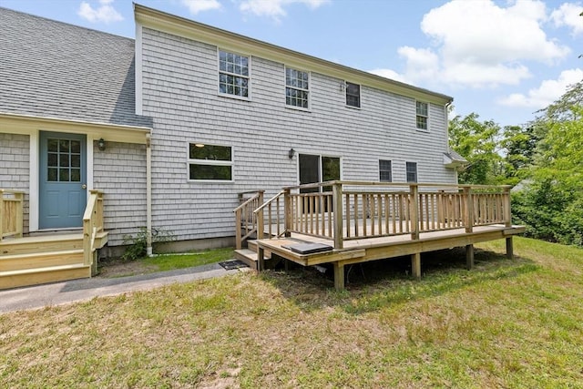 3 Plymouth Heights Rd, Bourne, MA 02562 - back of house featuring a wooden deck, a yard, and roof with shingles